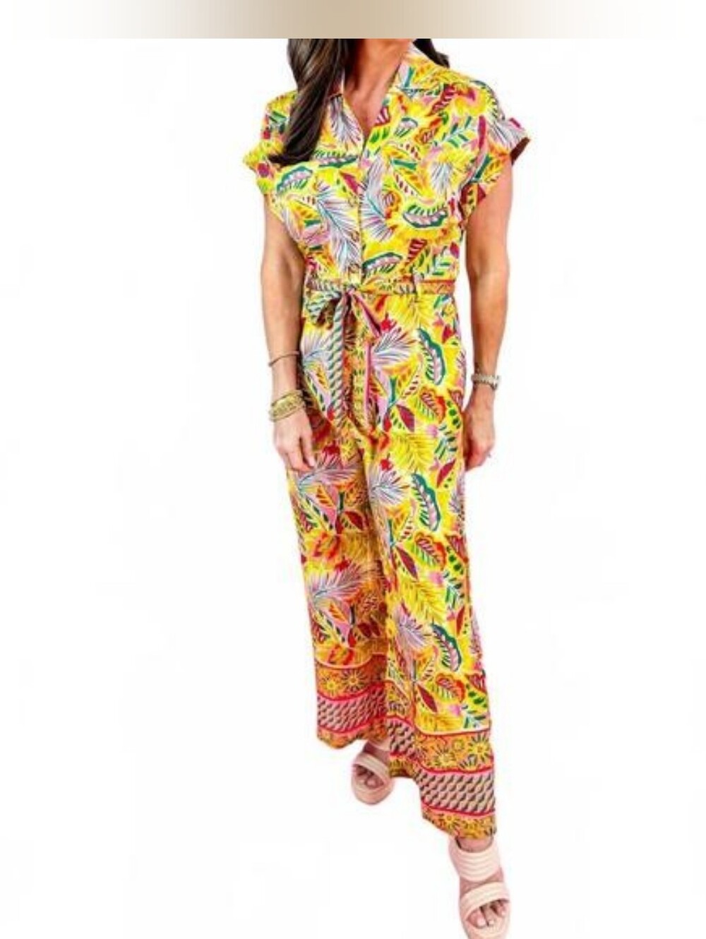 Karlie Pink Lemonade Yellow Tropical Print Short-Sleeve Jumpsuit, With Pockets.
